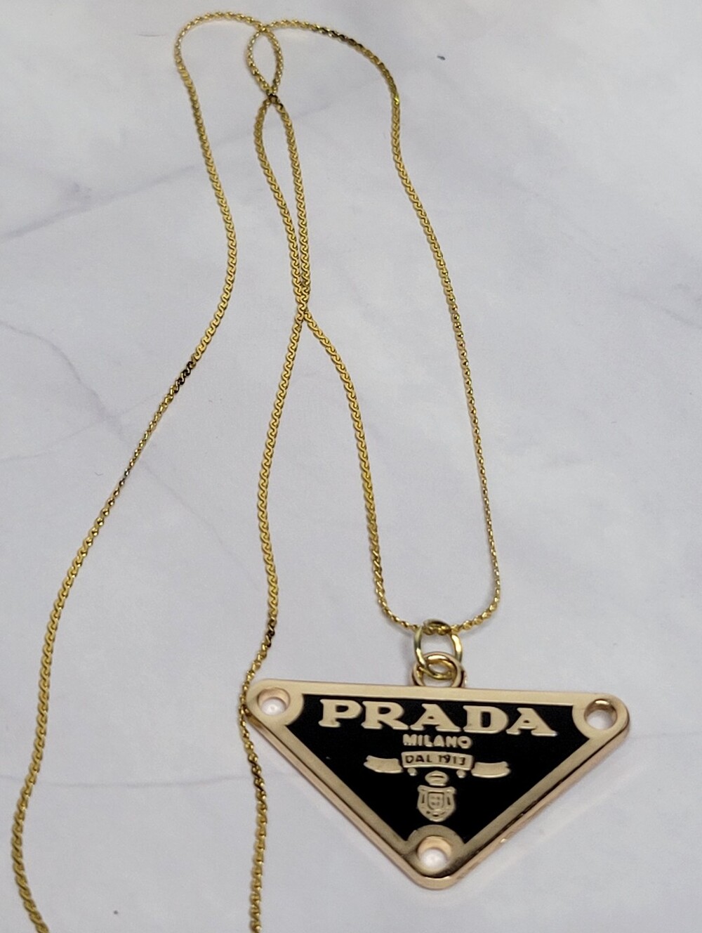 Prada Black and Gold Triangle Logo Zip Pull 18" Gold Plated Chain